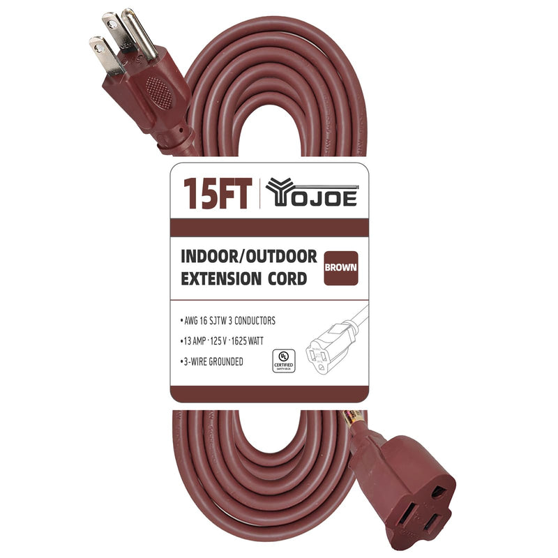 YOJOE Indoor Outdoor Extension Cord, 3 Prong 13A Weatherproof Power Cord, 16 Gauge Heavy Duty 15 ft Brown Extension Cord for Garage, Garden and Home, 16/3 SJTW UL Certified 15 Foot 16/3 Standard