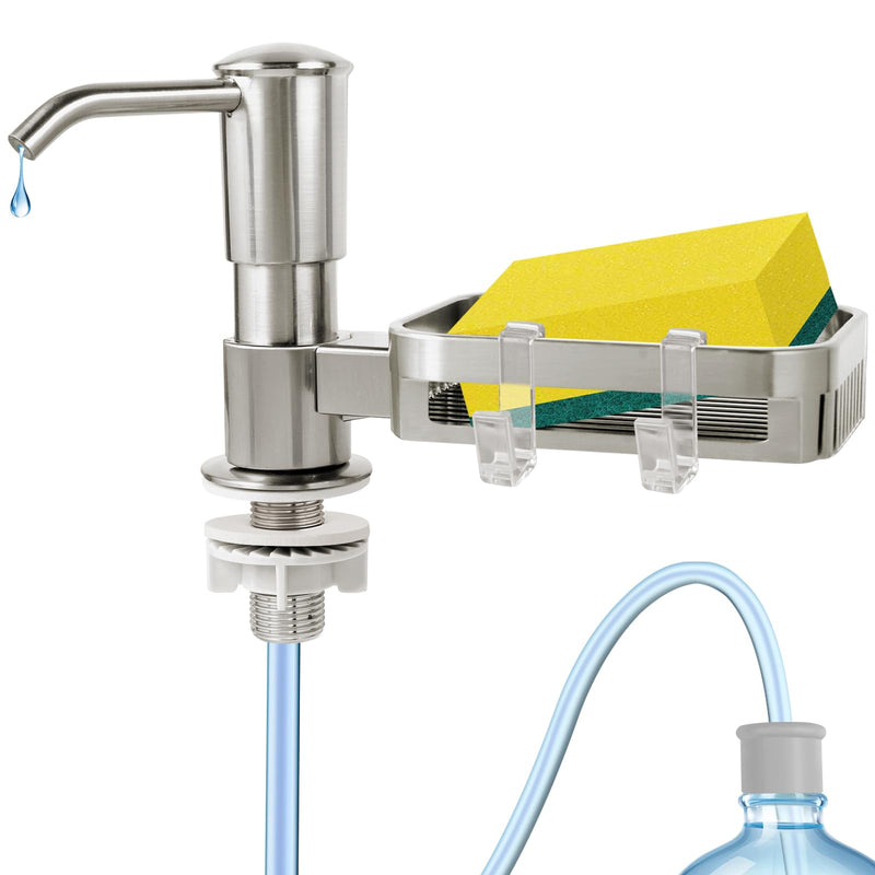 Soap Dispenser for Kitchen Sink, Built in Sink Soap Dispenser Pump with Sponge Holder, Brushed Nickel ABS Sink Dish Soap Dispensers Under Counter, with 39" Extension Tube Kit,No Refill Needed
