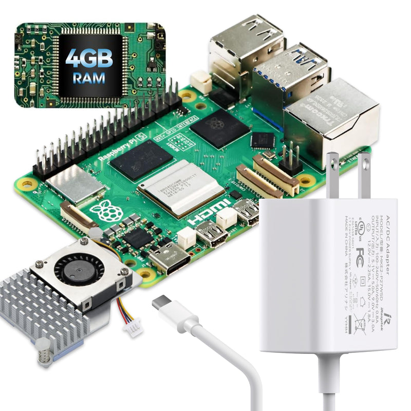 iRasptek Basic Starter Kit for Raspberry Pi 5 4GB RAM- Includes 4GB Board, 27W PD Power Supply and Active Cooler