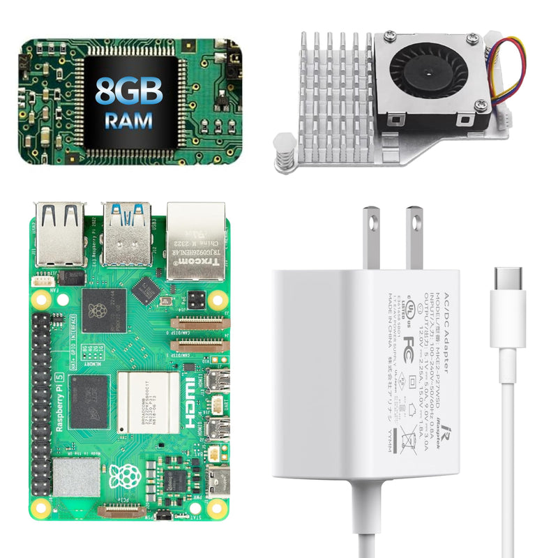 iRasptek Basic Starter Kit for Raspberry Pi 5 8GB RAM- Includes 8GB Board, 27W PD Power Supply and Active Cooler
