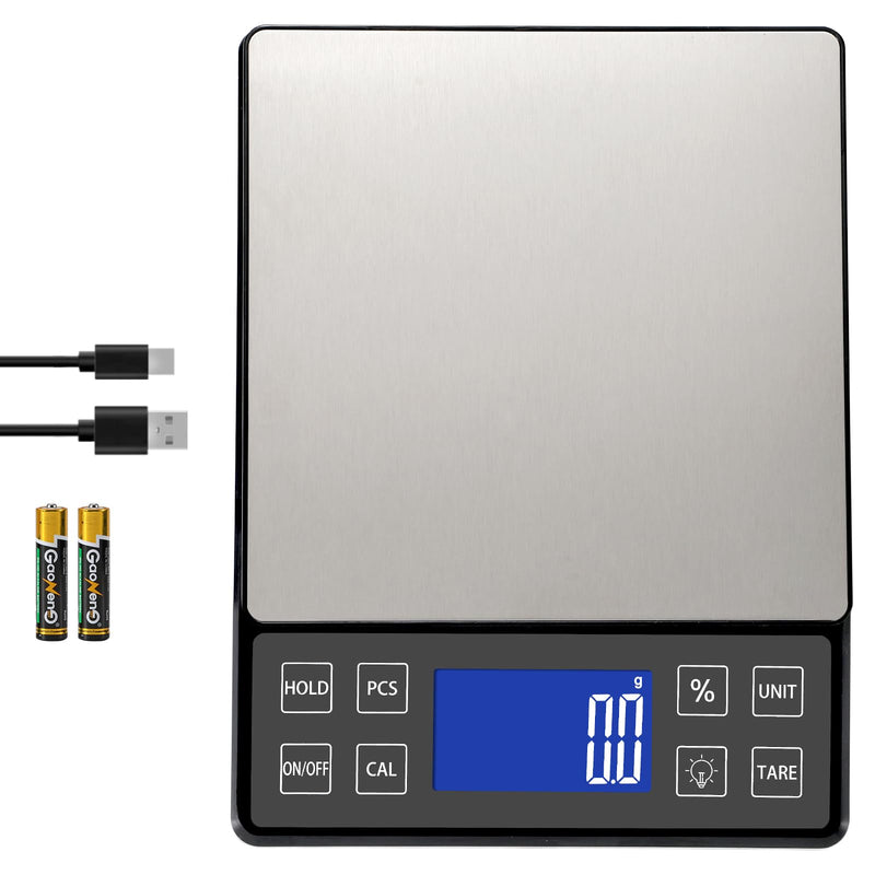 Digital Kitchen Scale with 0.1g/0.001oz High Precision, 5kg/11lb Food Bakery Scale with% Percentage Function, Tare Function, USB Rechargeable or AAA Battery Power, Stainless Steel Pan Black