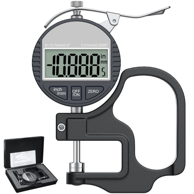 Digital Thickness Gauge 0-12.7mm/0.5" | 0.01mm/0.0005", Thickness Meter Precise Electronic Micrometer with LCD Display, Suitable for Paper/Film/Leather/Wire Thickness Gauge-Black