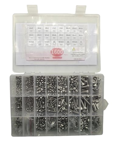 304 Stainless Steel DIN912 Screw Kit - M2 M3 M4 M5 Hex Socket Cap Head Multiple Length 4-25mm with Nuts washers Total 1600pcs Assortment Corrosion Resistant Silver M2-TO-M5