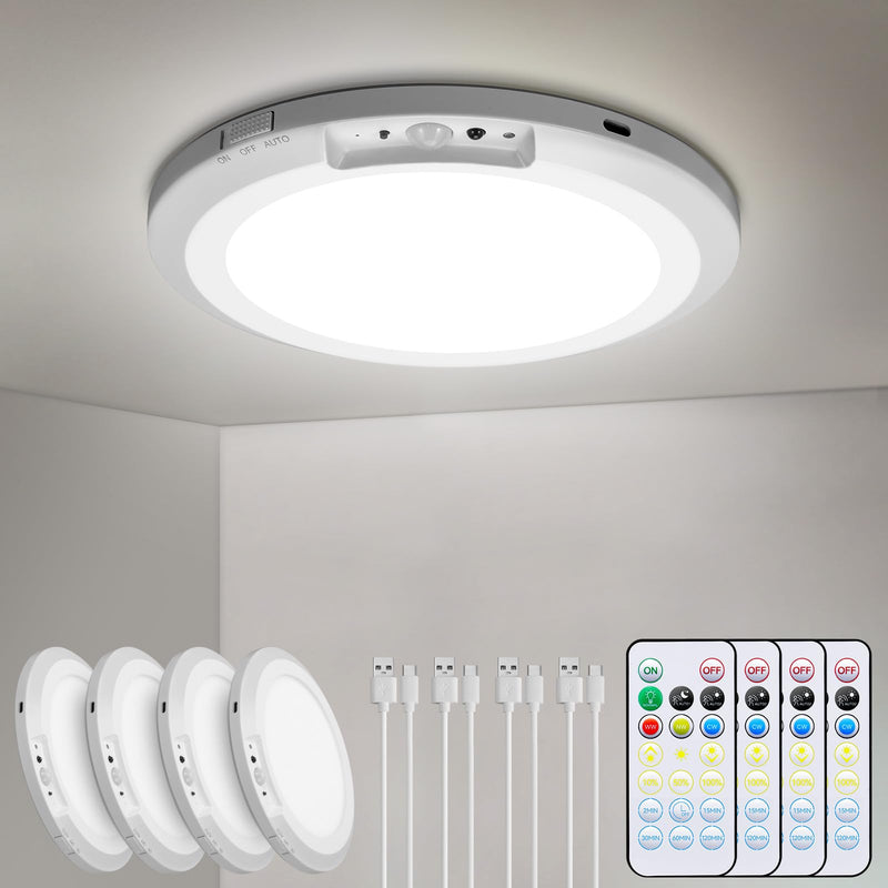 Rechargeable Motion Sensor Ceiling Light Indoor Outdoor w/Remote, 7.08 Inch Battery Operated Flush Mount Ceiling Light 3000K 4000K 6000K 400LM Dimmable for Closet Hallway Laundry Stairs (4) 4