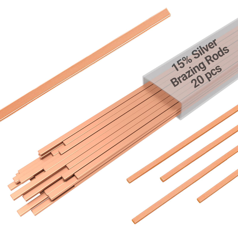 15% Silver Brazing Rods AWS BCuP-5 20 Sticks Silver Solder Phos Copper Brazing Alloys Flat Welding Rods 0.050"x1/8"x10" for Air Conditioning, Refrigerator, Cold Storage, and HVAC Units 20PCS,BCup-5,15% Silver Length-10 Inch