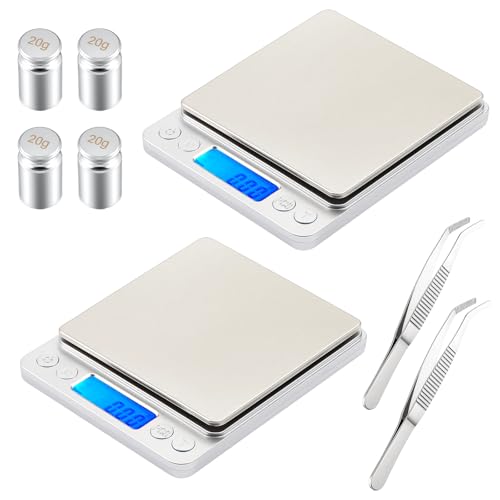 Copkim 2 Pack Digital Gram Scale 500g/0.01g, Portable Jewelry Food Scale with 20g Calibration Weight Accessories, Tweezers, LCD Display High Precision Kitchen Multifunctional Stainless Steel