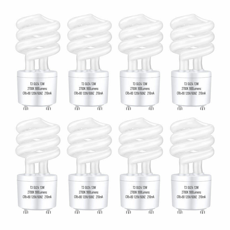 GU24 13Watt 2700K 900lm CFL Light Bulbs, T3 Spiral Gu24 Base 2 Prong (60W Equivalent) Soft White Compact Fluorescent Light Bulbs, UL Approved, 120v 60Hz, Self Ballasted, Indoor Use (8 Pack) Pack of 8