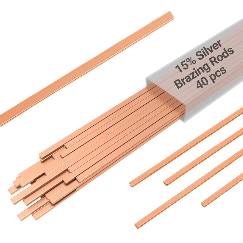 15% Silver Brazing Rods AWS BCuP-5 40 Sticks Silver Solder Phos Copper Brazing Alloys Flat Welding Rods 0.050"x1/8"x10" for Air Conditioning, Refrigerator, Cold Storage, and HVAC Units 40PCS,BCup-5,15% Silver Length-10 Inch
