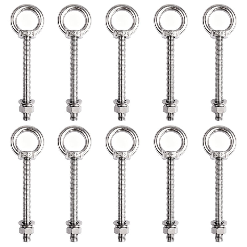 10 Pack M10 x 100mm Threaded Eyebolts with Nuts Washers,Stainless Steel Marine Grade Shoulder Eye Bolt,Eyebolts for DIY, Furniture,Swing, and Outdoor Use (M10 x 100mm)