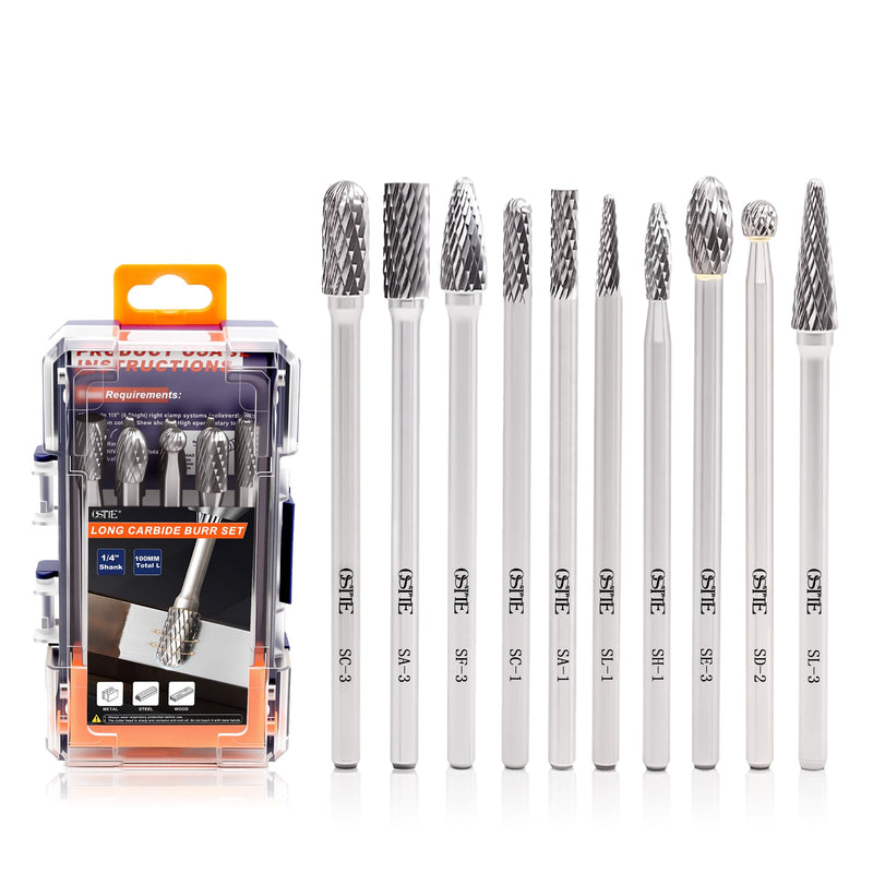 10Pcs Long Carbide Burr Set, 1/4" Shank, 3.94" L, Die Grinder Bits Rotary Rasp Attachment, for Grinding Metal, Steel, Cast Iron, Aluminum, Cylinder Head, Engine Work & Tight Area 10Pcs Long Carbide Burr