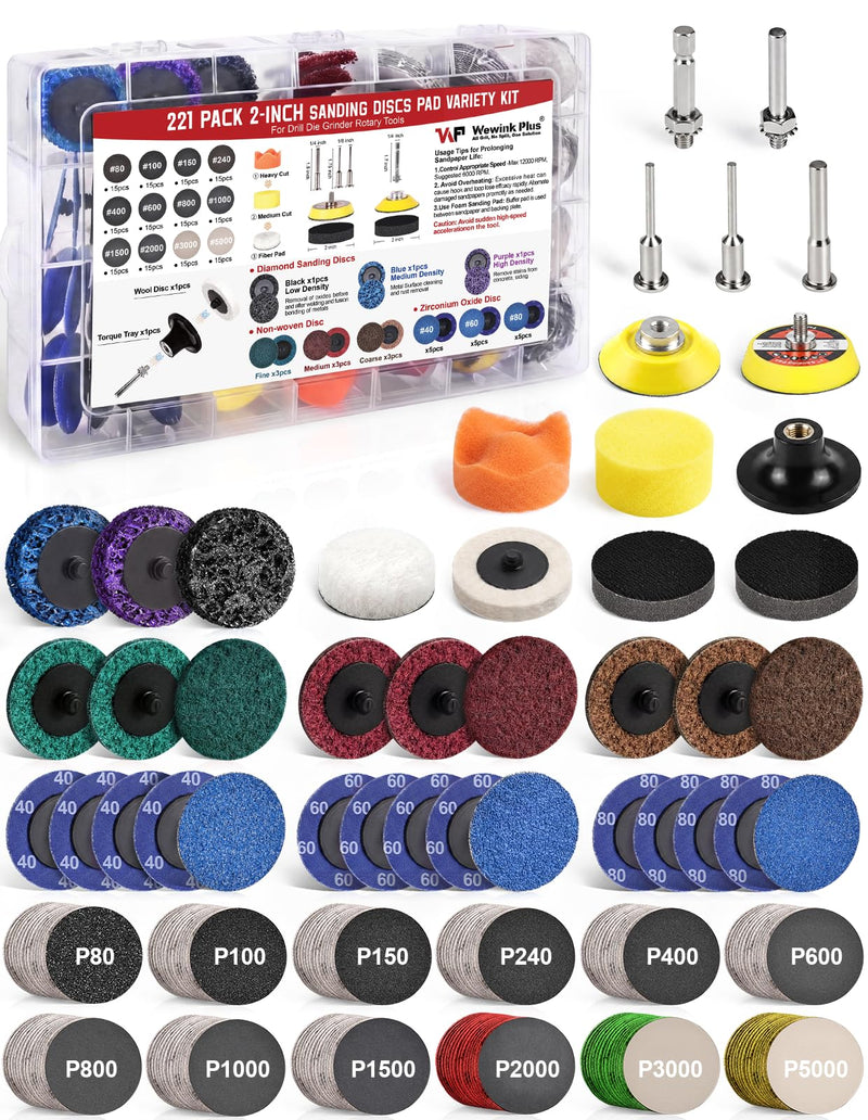 221PCS 2 Inch Die Grinder Sanding Discs Accessories with 1/4'' Holder for Milwaukee Die Grinder M12, Power Drill Sanding Attachment for Surface Conditioning, Sanding & Polishing