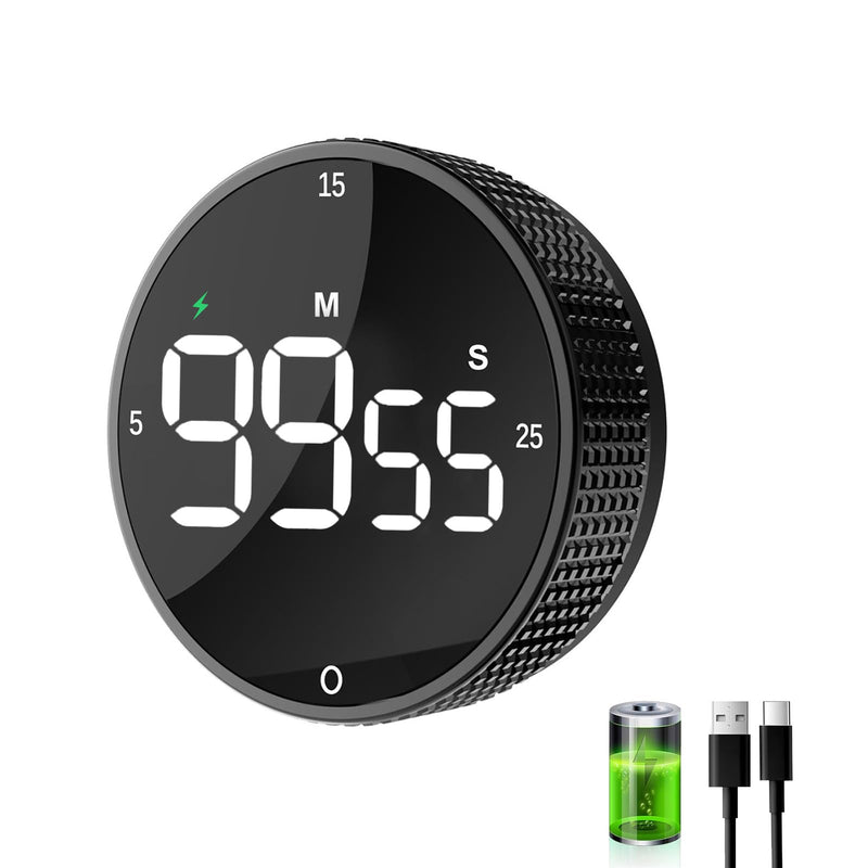 Rechargeable Magnetic Kitchen Timer-Loud Alarm Visual Productivity Timer&Pomodoro Timer with Large LED Display,3 Presets(5/15/25min),3 Volume Levels.Ideal for Cooking Fitness&Office Use(Blk) Black