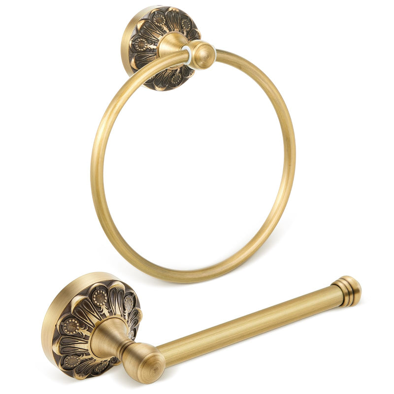 2 Pieces Set Antique Brass Toilet Paper Holder Retro Brass Hand Towel Ring Tissue Roll Paper Hanger Bathroom Hardware Wall Mounted Vintage Bathroom Accessories (Round) Round