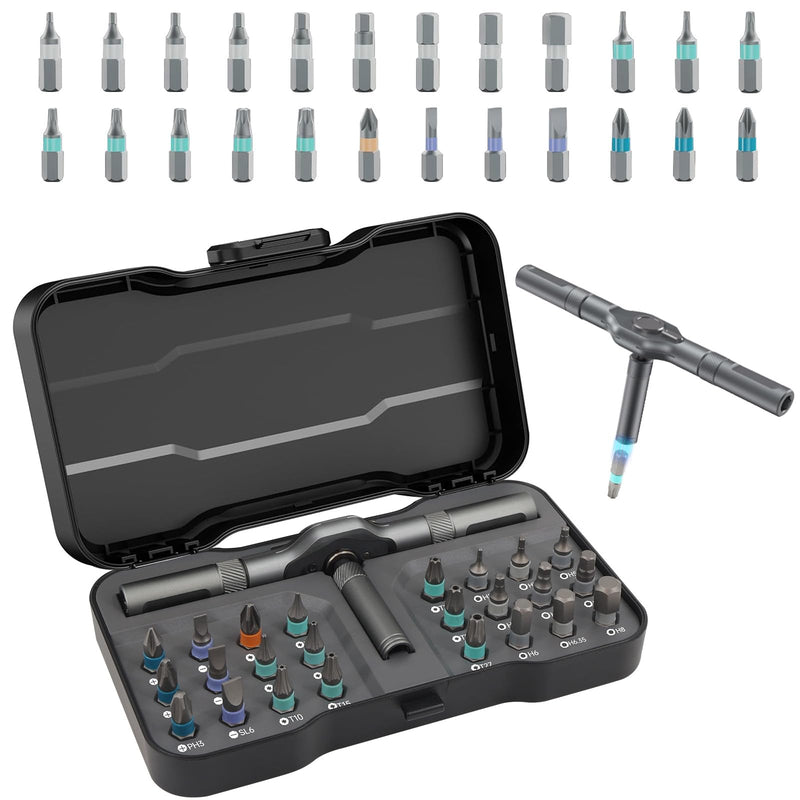 24 in 1 Magnetic Screwdriver Set, Ratchet Mini Screwdriver Set with Multi Bits, Portable Screwdriver Sets Detachable T Handle with Storage Case Repair Tool Kit for Furniture Computer Bicycle or DIY 24 In 1