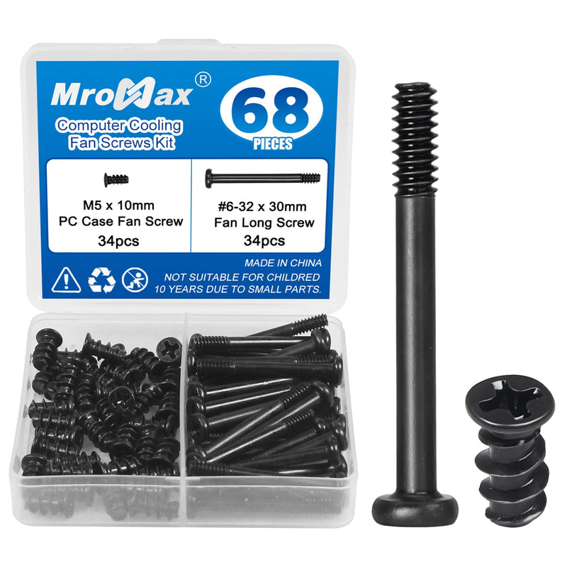 34 Sets (68Pcs) Computer Cooling Fan Screws Kit, #6-32 x 30mm Fan Screw + M5 x 10mm PC Case Fan Screws, Black Radiator Fan Screws for 60mm 80mm 90mm 92mm 120mm 140mm 240mm 360mm