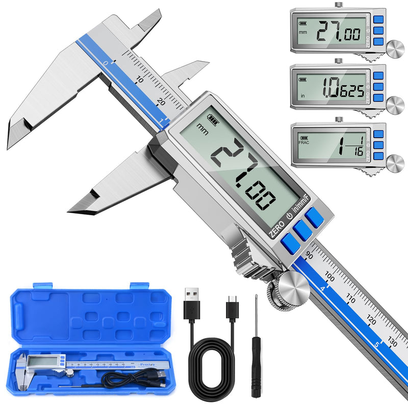 6 Inch Digital Caliper, Type-C Rechargeable Stainless Steel Vernier Caliper, IP54, F/MM/in Conversion, Large LCD, USB Charging Digital Caliper Measuring Caliper for DIY, Woodworking Use (Blue) Blue