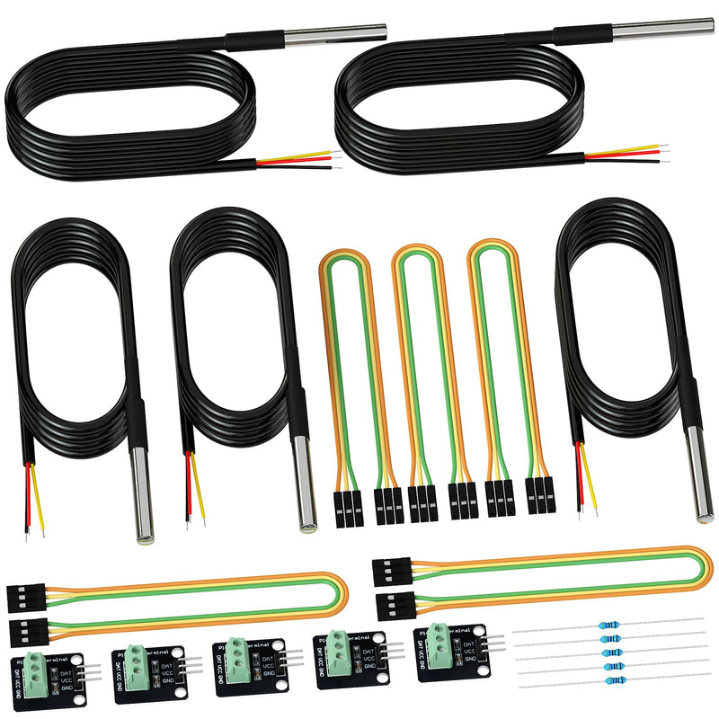 DROK 5 Pack Waterproof DS18B20 Temperature Sensor Probes with 5 Pack Probe Adapter Boards, Female to Female Jumper Wires and 4.7K ohm Resistors for Arduino Raspberry Pi DIY 1m