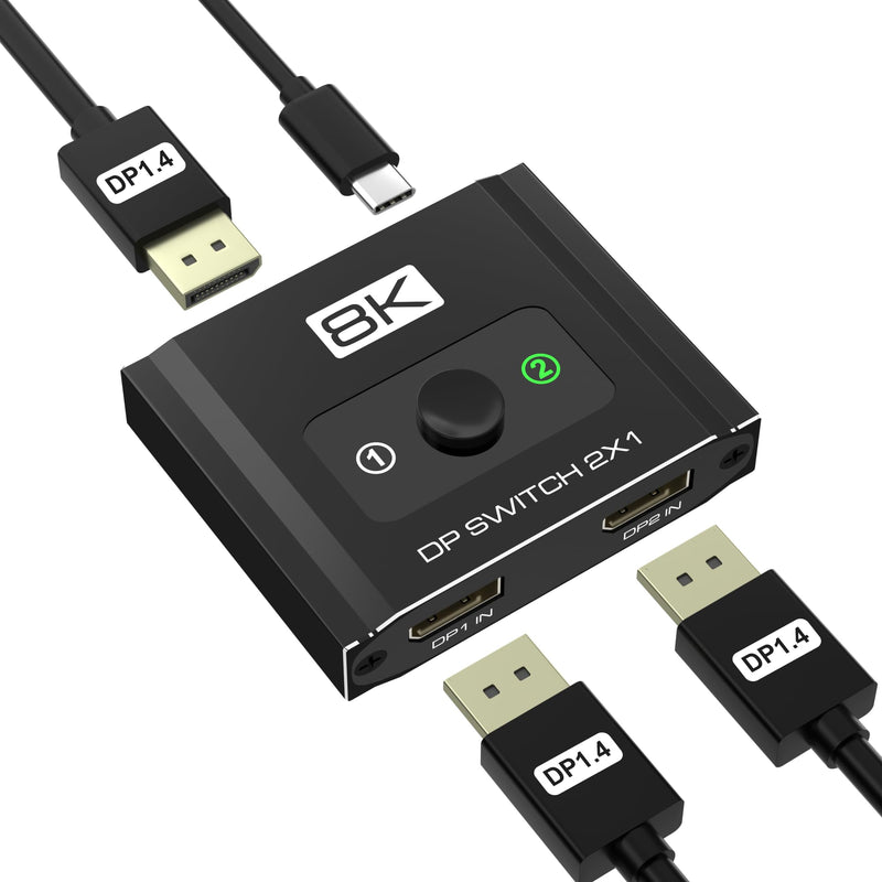 DisplayPort Switch 2 in 1 Out, 8K@60Hz DP 1.4 Switcher Selector Box, Unidirectional Display Port Switcher for Dual PCs & Gaming Consoles, 4K@144Hz DP Switch with DSC Support (DP Cables Not Included)