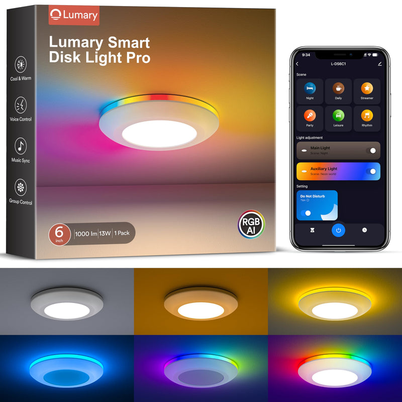Lumary 5/6 inch Smart RGBAI Led Disk Light Pro, Color Changing Night Light | 1 Pack, CCT 2700-6500K, Flexible Install Flush Mount Ceiling Light, Compatible with Alexa/Google Assistant, Music Sync, Timer
