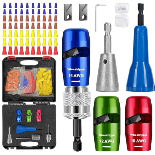 10-14 AWG Wire Stripper & Wire Twister Tool for Drill, with 2 Replacement Blades & 70 Wire Nuts, Fits 1/4" Hex Shaft, AWG 14-12-10 Cable Stripper kit with Storage Case for Wiring Projects & DIY 6Pcs