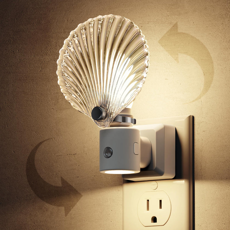 L LOHAS LED Night Light, Night Lights Plug into Wall, Shell Style Glass Nightlight Rotating, Dimmable Nightlights Plug in with Light Sensor, Soft White Nightlights for Hallway Bedroom Bathroom, 2 Pack