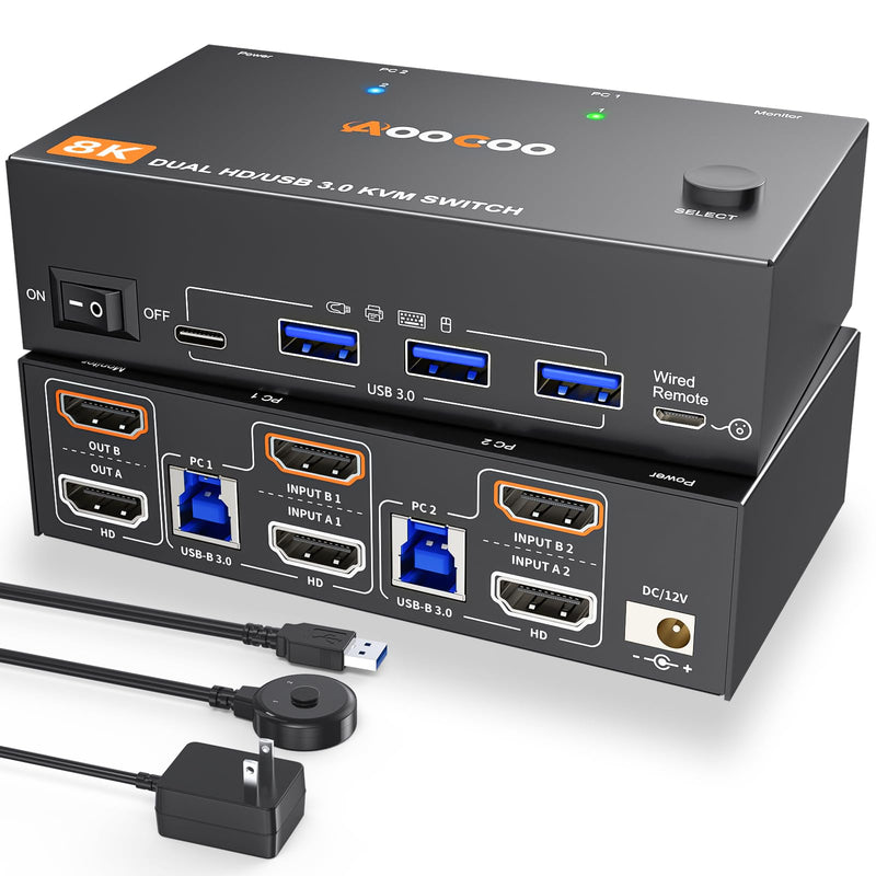 KVM Switch 2 Monitors 2 Computers 8K@60Hz/4K120Hz,HDMI USB3.0 Dual Monitors KVM Switches with 4 USB 3.0 Port,Wired Remote,USB3.0 Cables Included(8K 2 PC 2 Monitor KVM) 8K 2 PC 2 Monitor KVM