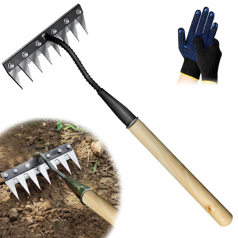 Upgraded Cultivator rake, Spray-Coated Rust-Proof Manganese Steel Weed rake, and 8-Tines Garden Weed Puller Tool with Wooden Handle — All for Lawn and Garden, Ideal gardinia uprooting Tool.