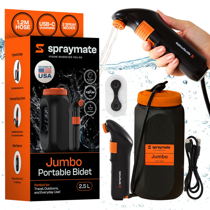 Portable Bidet for Travel & Camping – Electric High Pressure Rechargeable Bidet for Women & Men | 2.5L Bottle | 1300ML/Min Flow | USB-C | 1600mAh Battery | USA Brand – Spray Mate Jumbo (Black) Orange-black