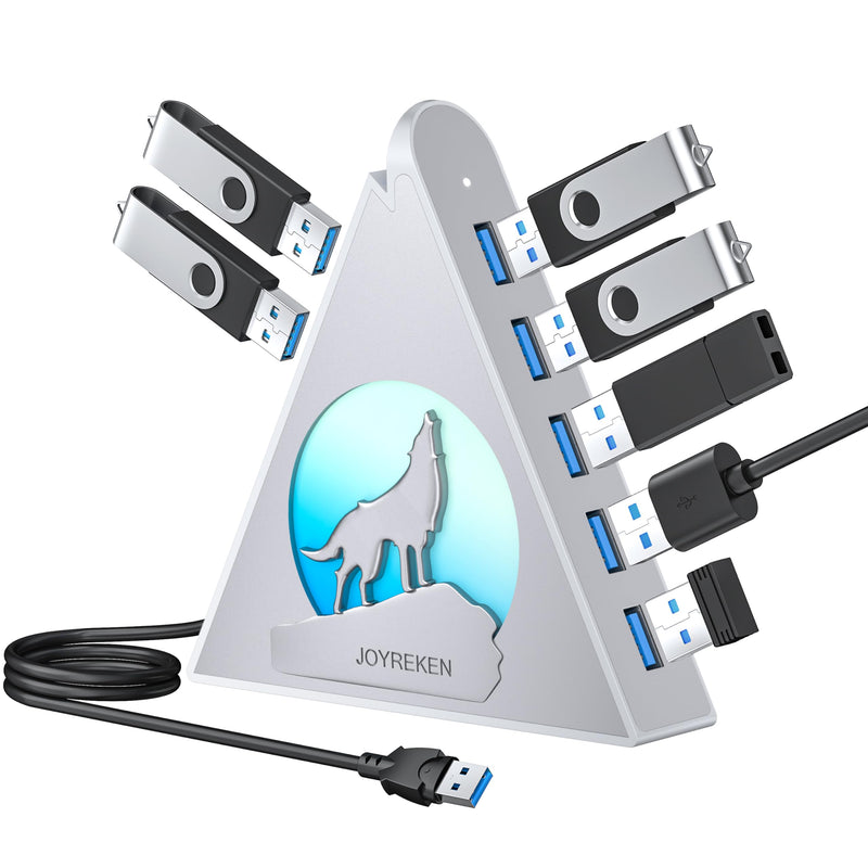 7 Port USB Hub, JoyReken USB 3.0 Hub with 2 FT Long Cable, Vertical USB Extension Hub for Laptop, MacBook,Xbox,PS4/5, Flash Drive, XPS, PC, Flash Drive, Game Console, Printer, Keyborad, Mouse (Silver) 2ft Silver