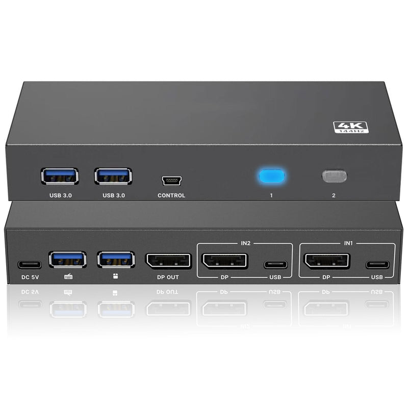 DisplayPort USB 3.0 KVM Switch 1 Monitor 2 Computers 8K@60Hz 4K@144Hz KVM Switcher 2 in 1 Out with 4 USB-A, 2 USB-C, Wired Controller for Laptop, Desktop