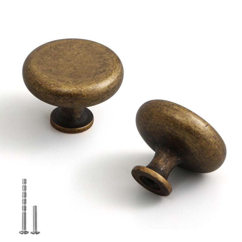 YAGU 6 Pack Antique Brass Kitchen Cabinet Knobs 1-1/4 Inch Round Solid Aged Bronze Dresser Drawer Knob Vintage Brass Furniture Hardware Pulls for Closet Cupboard Wardrobe