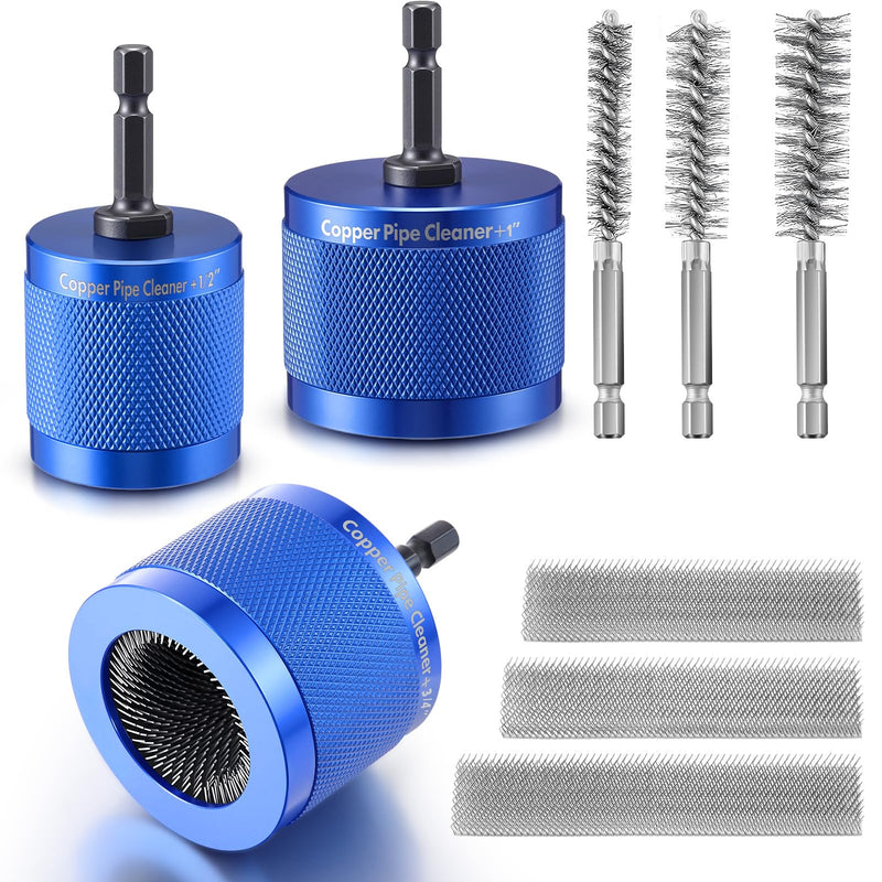 Copper Pipe Cleaner for Drill Set Includes External Stainless Steel Wire Bore Brushes, Internal Tube Cleaning Brushes, Replacement Plumbing Tools (1/2", 3/4", 1",Blue) Blue 1/2", 3/4", 1"