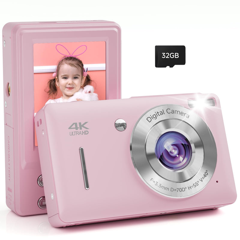 Digital Camera, 44MP FHD 1080P, 16X Zoom, 32GB SD Card, Compact Camera for Kids Teens Adults, Pink