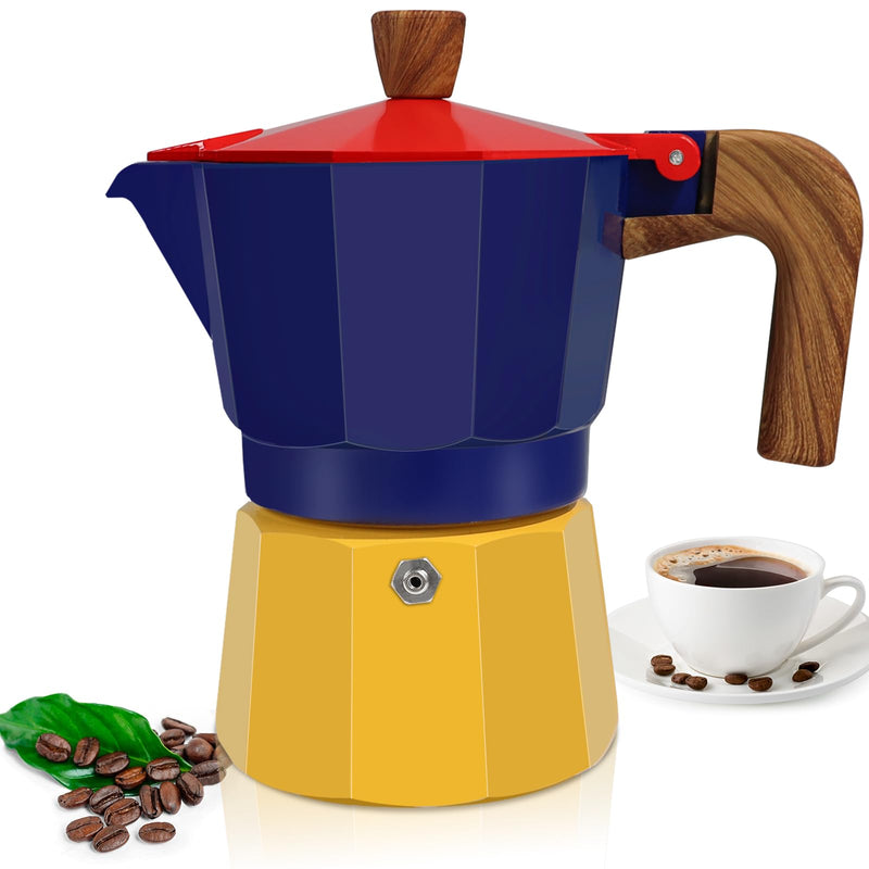 3 Cup Aluminum Espresso Stovetop Moka Pot Express Coffee Maker Percolator Italian Classic Mocha Coffee Machine for Italian and Cuban Cafe Brewing for Home & Camping 150ml 5oz Blue/Yellow 3 Cup
