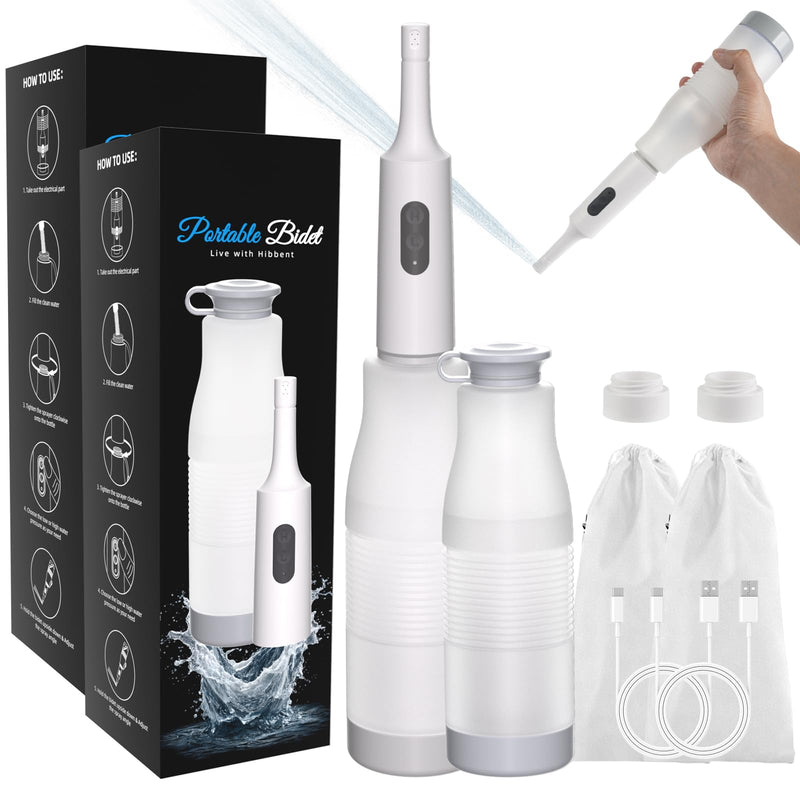 Hibbent 2 Pack Portable Bidet for Travel, High Pressure Electric Handheld Bidet Sprayer, 350-550ML Expandable Bottle for Personal Hygiene, USB-C Rechargeable Waterproof Sprayer for Women & Men, White Pure White