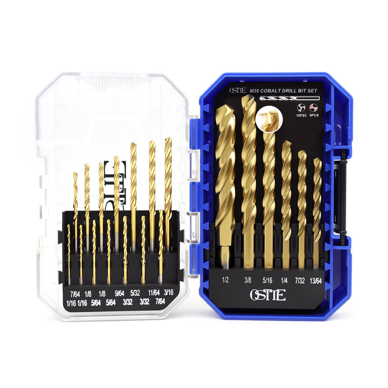 20Pcs M35 Cobalt Drill Bit Set 1/16"-1/2", Three-Flute Design,Titanium Coat | Metal Drill Bit for Stainless Steel & Hardened Metal, Cast Iron,125° Split Point, 3-Flat Shank, with Indexed Storage Case 20Pcs