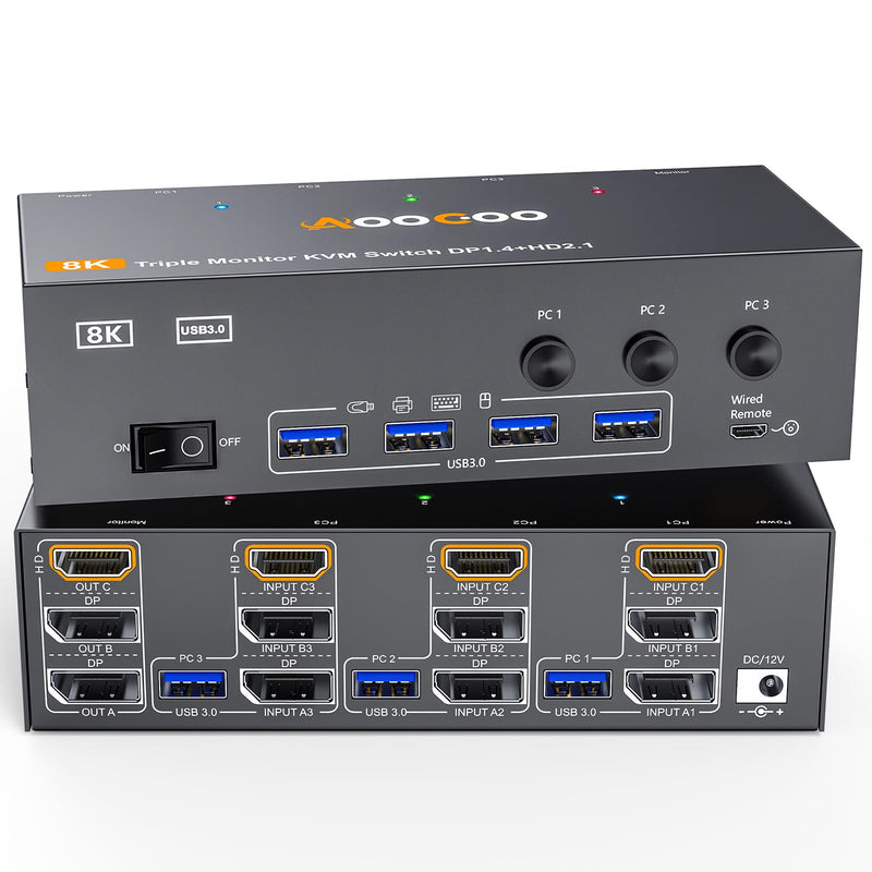 8K@60Hz HDMI2.1 Displayport KVM Switch 3 Monitors 3 Computers 4K@144Hz Triple Monitor KVM Switches with USB 3.0 Port,Wired Remote,Power Adapter and USB3.0 Cables(3 PC 3 Monitor 8K DP HDMI2.1 KVM) 3 PC 3 Monitor 8K DP HDMI2.1 KVM