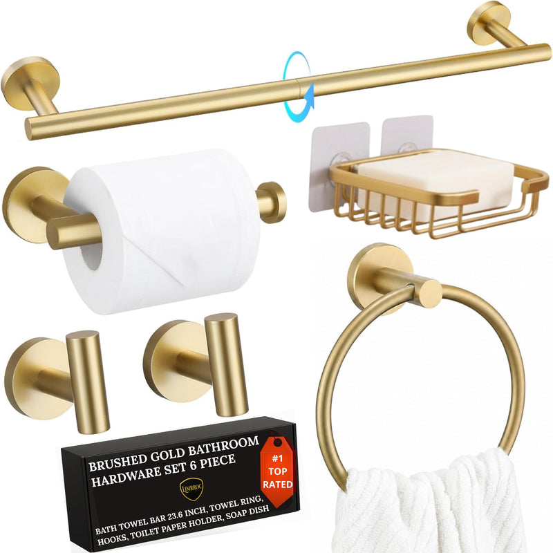 Brushed Gold Bathroom Hardware Set, 6 Piece Gold Bathroom Accessories Set, 24 Inch Towel Bar, SUS304 Stainless Steel, Towel Ring, Hooks, Toilet Paper Holder, Gold Towel Rack