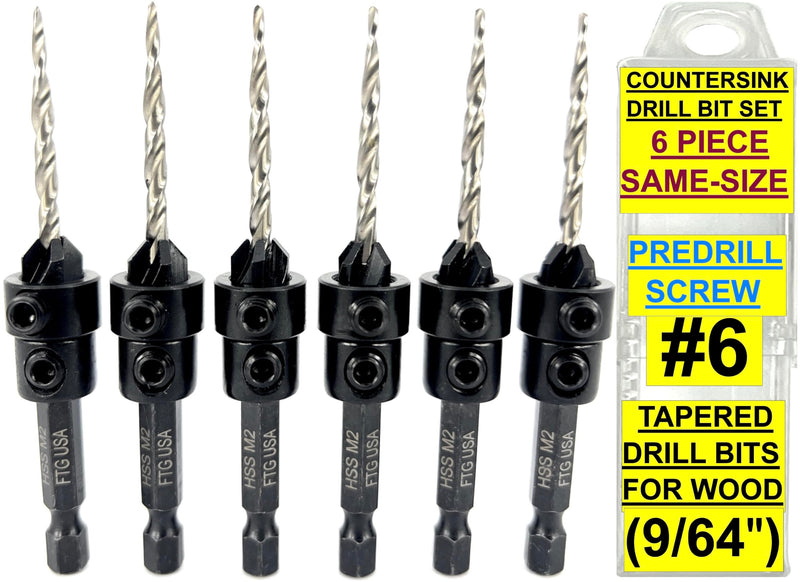FTG USA 6 Pc #6 (9/64") Countersink Drill Bit Set with Tapered Drill Bits for Wood, Depth Stop Collar, Hex Wrench and Storage Container Same Sort 6 Pc