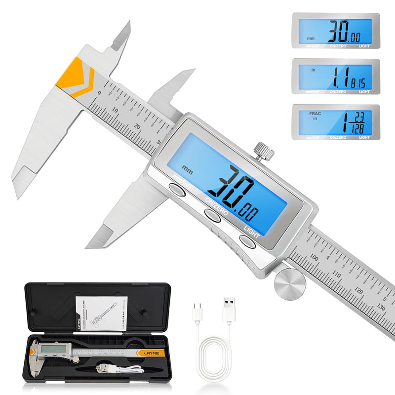 Digital Caliper, Rechargeable Caliper Measuring Tool with Backlight LCD Screen,Vernier Dial Caliper Stainless Steel with Auto-Off Feature,Inch Metric Fraction Conversion, for Jewelers/Woodworkers/DIY