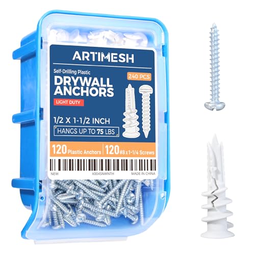 8# 240PCs Self Drilling Drywall Anchors Kit - 75LB Heavy Duty Plastic Drywall Hangers with 120 Self-Tapping Screws - Mounting Hardware for Sheetrock Anchors 240