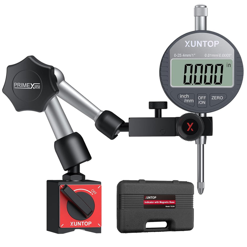 XUNTOP 0-1inch/0.0005inch Dial Digital Indicator and 90lbs (40kg) Magnetic Base Magnetic Electronic Indicator with 3 Adjustable Joints 5/16 inch (8mm) Clamping Diameter for Lathe CNC 3D Printer PRIME-90lbs/40kg Max Pull