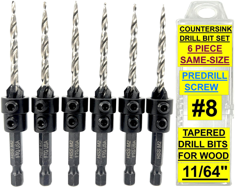 FTG USA 6 Pc #8 (11/64") Countersink Drill Bit Set with Tapered Drill Bits | Includes 6 counter sink drill bit for wood, all same size. Each countersink comes with depth stop and hex key in storage case Same Sort 6 Pc