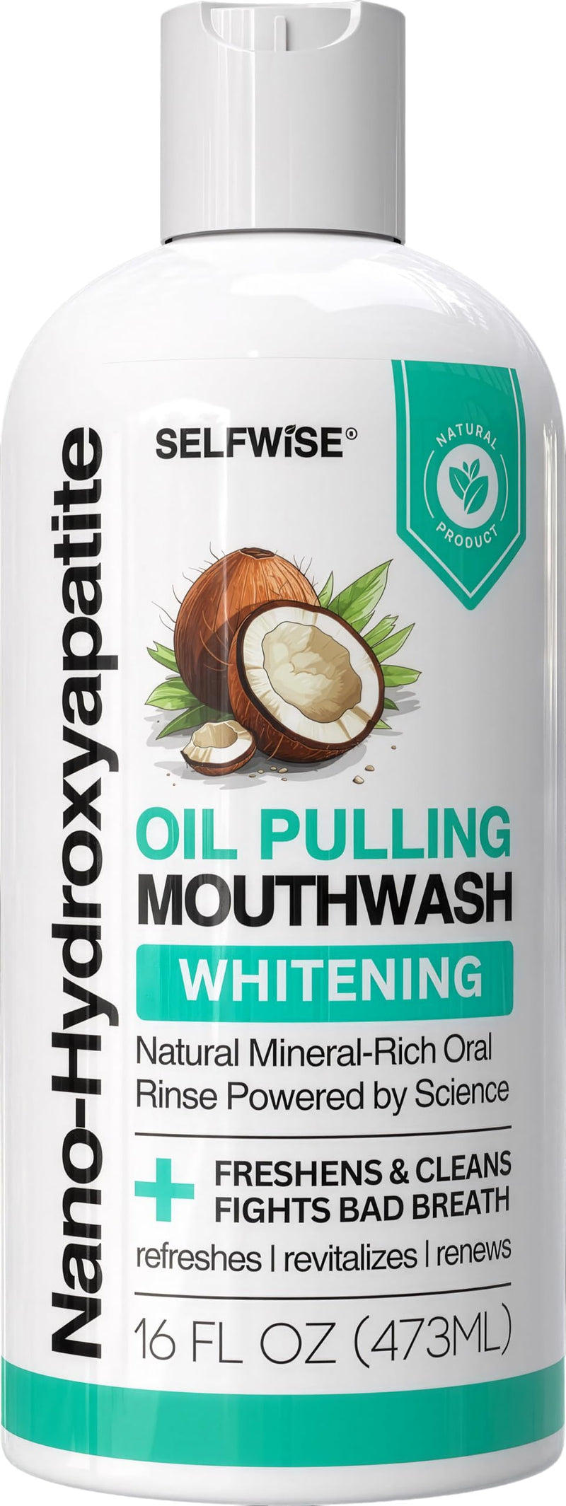 Nano-Hydroxyapatite Oil Pulling Whitening Mouthwash for Teeth and Gums, Natural & Organic, Whitens Teeth, Strengthens Enamel, Fights Bad Breath & Plaque – Smooth & Non-Greasy – for Adults - 16oz Coconut Mint 16 Ounce