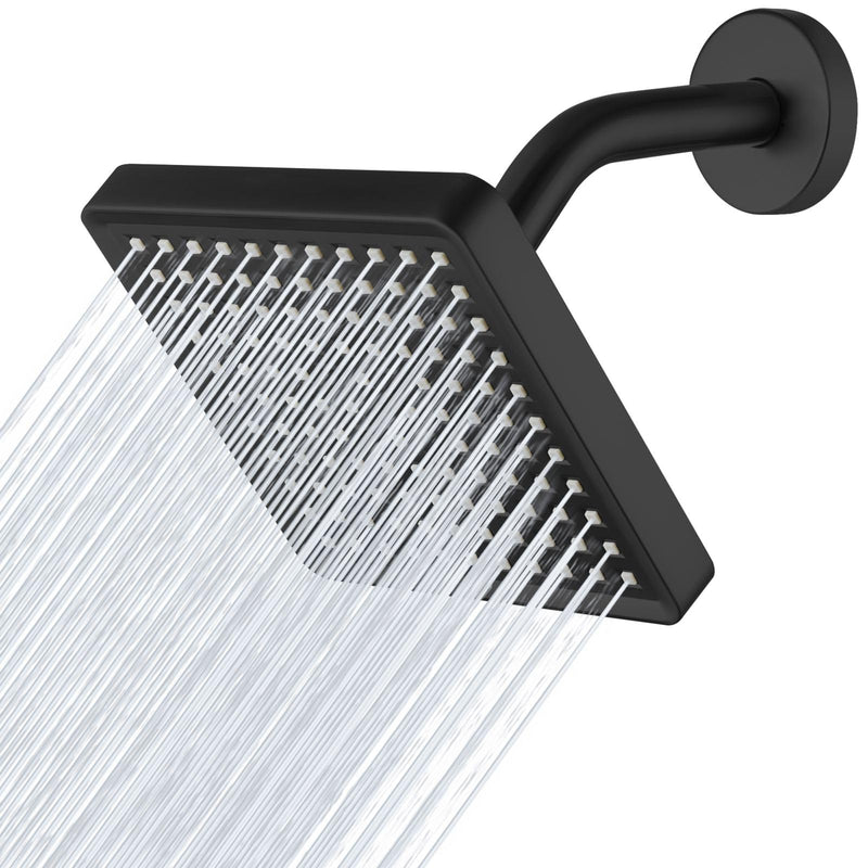 High Pressure Rain Shower Head with 6'' Shower Arm - High Flow Square Rainfall Showerhead - Luxury Modern Look - Pressure Boosting (Matte Black) Matte Black