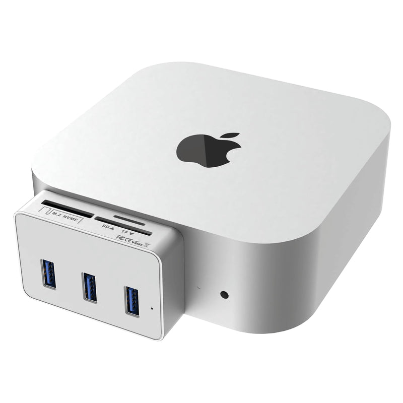 Mac mini M4 Dock with NVMe SSD Enclosure - Aluminum 6-in-1 Hub for Mac mini M4/M4 Pro 2024 with M.2 NVMe SSD Slot, 3X USB 3.0 Ports, SD & MicroSD Card Readers, 10Gbps Data Transfer in Silver