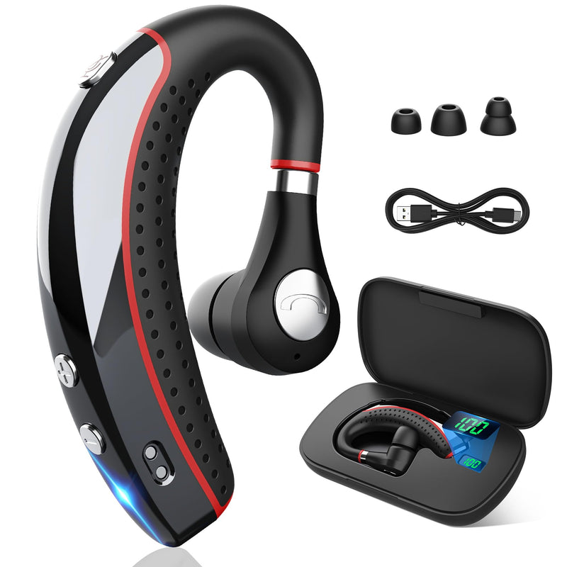 Bluetooth Headset,Wireless Bluetooth Earpiece,Headphones for Work | 15g Ultralight,500mAh Charging Case,72H Playtime for Work,V5.3 Hand-Free Comfortable Fit with Mic for Trucker/Office Red