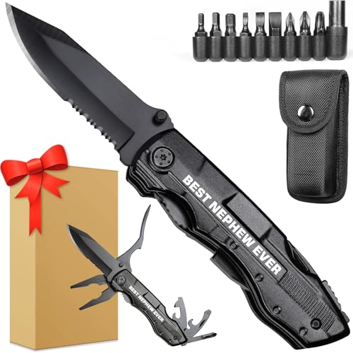 Nephew Gifts from Auntie, Multitool Knife, Gifts for Nephew, Nephew’s Christmas Practical Gift, Nephews Birthday Present, Gift for Camping, Hiking, Fishing, 20 in 1 Multitool Black MULTITOOL SET (Engraved BEST NEPHEW+9-in-1 Screwdriver)