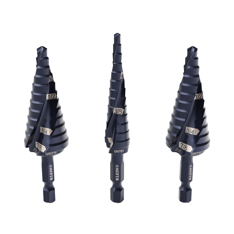 Klein Tools QRST2S Quick-Release Step Bit Set, 3-Piece, Durable Aluminum Titanium Coating, Impact-Rated Hex Shank