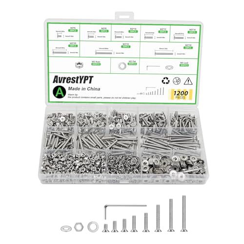 1200 Pcs Countersunk Head Hexagon Socket Screws Bolts and Nuts and Washers Assortment Kit, M3 Metric Stainless Steel Bolts and Machine Screws and Nuts and Washers Set for Home Industrial M3x6/8/10/12/14/20/25/30-1200Pcs